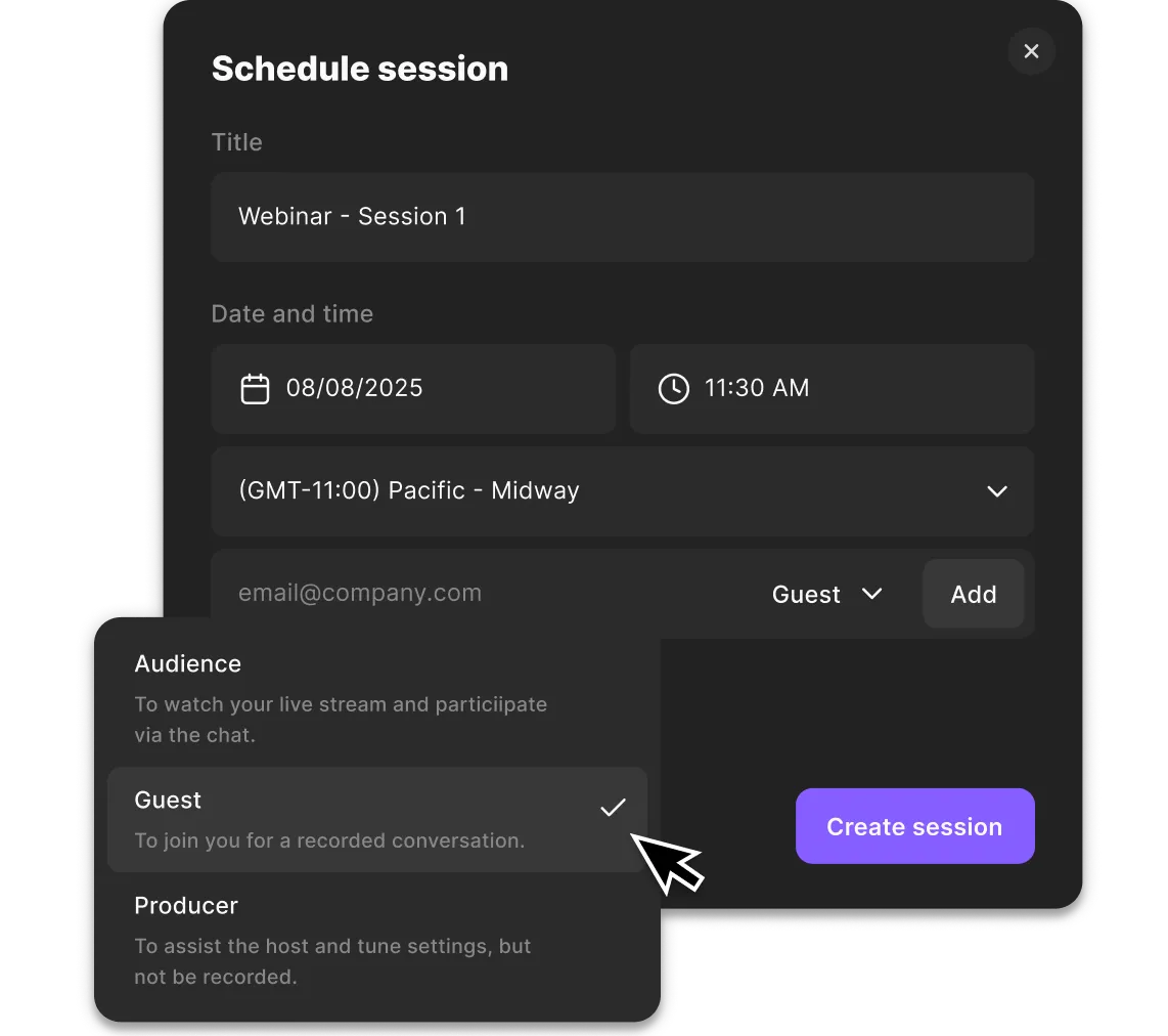 Scheduling interface to create a webinar session titled 'Webinar - Session 1' on August 8, 2025, at 11:30 AM Pacific time with guest role selected for participants.